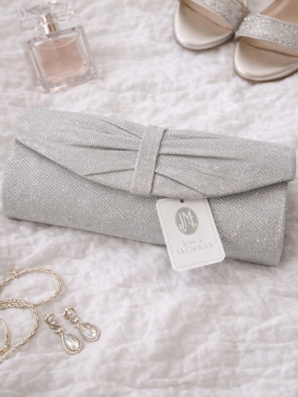 Jessica McClintock Silver Evening Clutch Bow Detail Bridal Wedding Prom Bag NWT